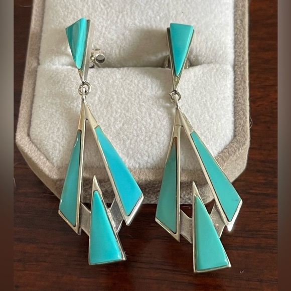 Signed Southwestern style turquoise sterling silver drop earrings - Picture 2 of 8